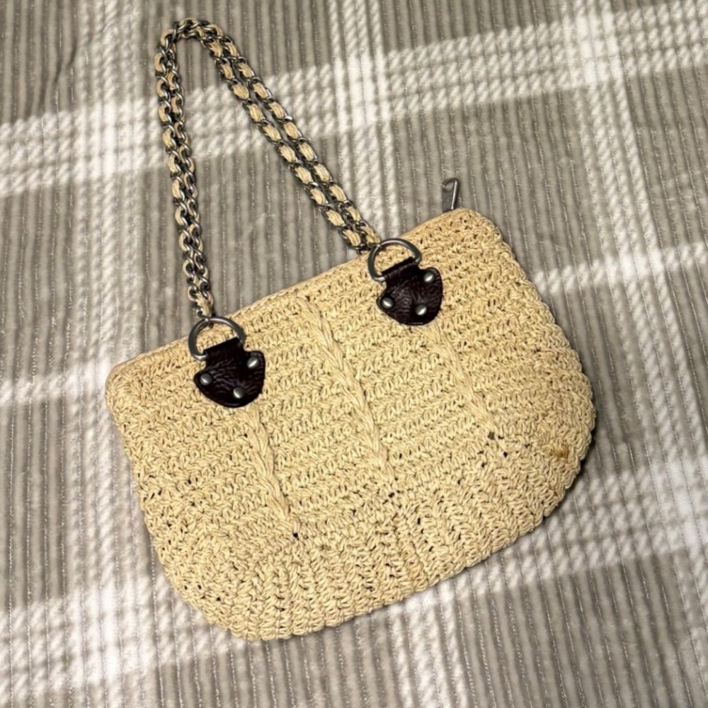 VINTAGE GAP Straw Woven Shoulder Bag Chain Strap Zip Closure‎ Purse